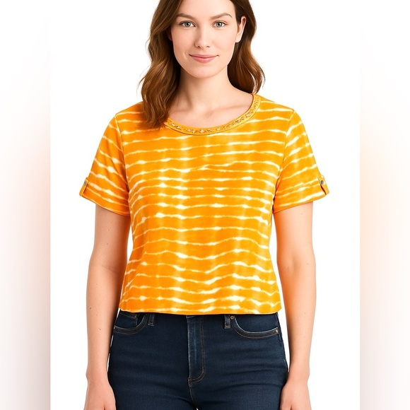 Ruby Rd. short sleeve roll tab orange & white tie-dyed top, Size PL - Picture 9 of 9